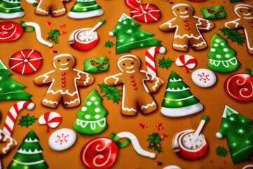 Fototapeta premium Detailed view of a cozy fleece fabric, with a charming design of gingerbread men, candy canes, and snowflakes in cheerful colors.
