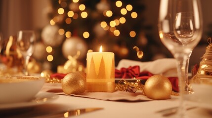 The golden light of a candle flame adds a festive touch to a table set for a Christmas dinner.