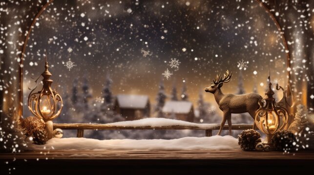 Closeup of a window pane covered in tiny droplets, reflecting the image of a peaceful snowy landscape with a wooden sleigh and reindeer in the foreground.