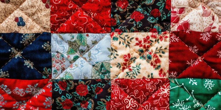 Closeup of a quilted fabric, with a patchwork design of Christmasthemed patterns and colors, perfect for a homemade holiday feel.