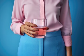 Woman with a glass of rose wine. A girl drinks liquid collagen. Drink