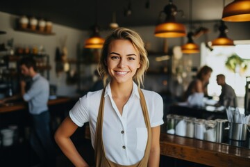 Young staff woman. A girl in an apron works as a waiter in a cafe. Barista