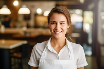 Young staff woman. A girl in an apron works as a waiter in a cafe. Barista