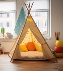 Children's bright tent made of fabric. teepee, playhouse, kid's wigwam tent