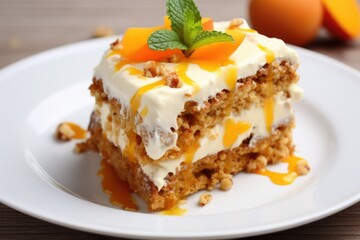 Piece of cake with carrots, mango, peach. Delicious dessert with apricot jam.
