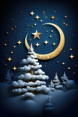 Fototapeta premium Christmas card. Night, moon, stars. Winter paper cut style