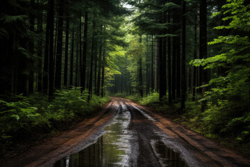path in the forest. natural disasters. village landslide on the road. stones. difficulty on the road. forest after the rain. natural elements. road flooding. do not pass the car  - obrazy, fototapety, plakaty