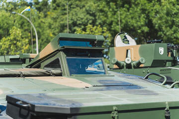 Closeup outdoor portrait of a tank window - viewports or periscopes - against the background of...