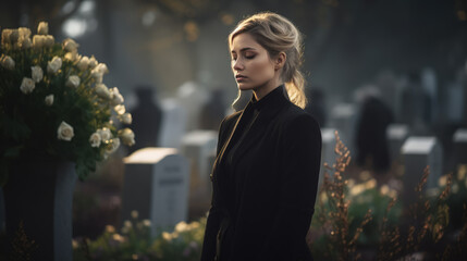 Portrait of a sadness beautiful blonde woman in a black coat on the background of the cemetery. Mourns for a deceased relative.