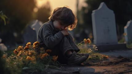 Little boy sitting on the ground in the cemetery and cries at sunset. The concept of sorrow and grief. Mourns for a deceased relative. - obrazy, fototapety, plakaty