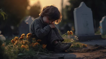 Foto op Canvas Little boy sitting on the ground in the cemetery and cries at sunset. The concept of sorrow and grief. Mourns for a deceased relative. © Karim Boiko