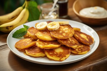 Pancakes with banana and caramel sauce and chocolate sauce. Breakfast