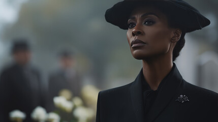 Portrait of a sadness beautiful black woman in a black coat on the background of the cemetery. Mourns for a deceased relative.