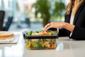 Salad lunch box at work. snack. lunch at the office. healthy food. fresh vegetables.