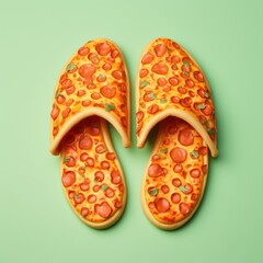 Pizza print slippers on a plain background.