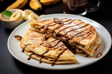 tasty food. pancakes with chocolate and banana. breakfast