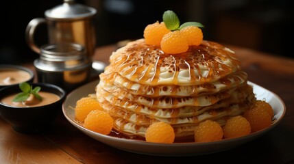 Tasty heap of pancakes with honey topping and some decorative serving