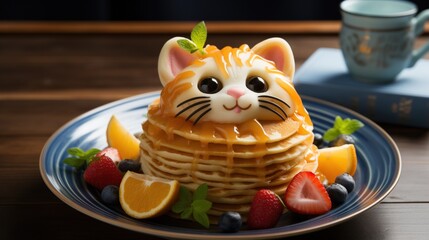 Tasty heap of pancakes with honey topping and glazing kitty head decoration