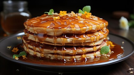 Tasty heap of pancakes with honey topping and some decorative serving