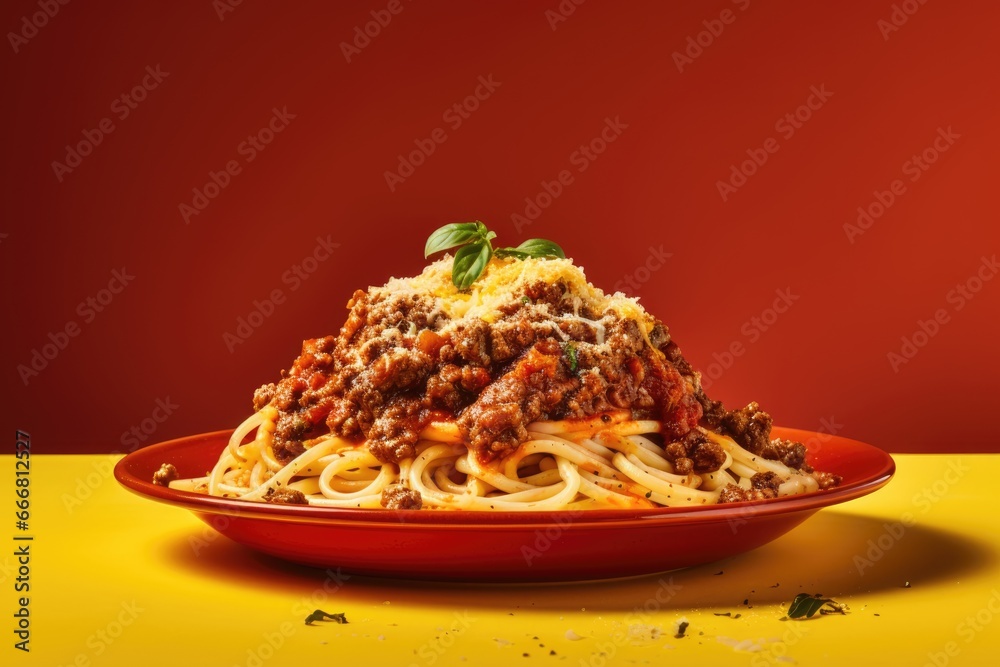 Wall mural Italian Tradition: Spaghetti Bolognese with Rich Meat and Tomato Sauce - A Flavorful Pasta Dish Celebrated for Its Hearty Homemade Comfort.

 - Wall murals