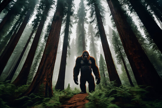 Footage of a bigfoot in a forest with very tall giant sequoia trees - Generative AI