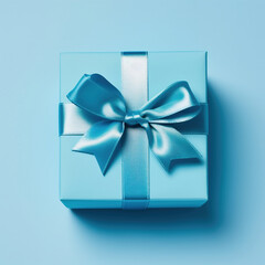 Blue gift box with bow on blue background. 3d rendering.Copy space. Gift concept.  