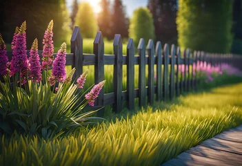 Foto op Plexiglas  wooden fence near the house, grass near the fence and flowers © Perecciv