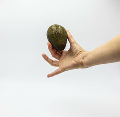 holding fresh avocado in white background
