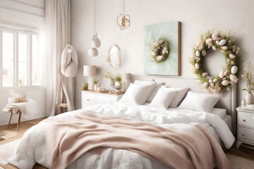 A bird's-eye perspective of a Canvas Frame for a mockup in an Easter bedroom, emphasizing the soft color palette from the tufted headboard to the delicate Easter wreath hanging nearby.