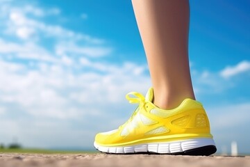 Naklejka premium Feet in yellow sneakers on blue sky and road background