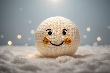Cute Knitted Moon with a Smile, knitted moon with smile and rosy cheeks, soft blue background with bokeh lights