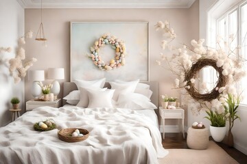 A bird's-eye perspective of a Canvas Frame for a mockup in an Easter bedroom, emphasizing the soft color palette from the tufted headboard to the delicate Easter wreath hanging nearby.