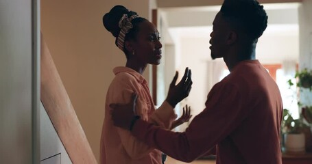 Stress, divorce and couple fight in their home angry or frustrated by liar, cheat or abuse. Marriage, conflict or black people argue about toxic relationship, domestic violence or jealousy or anxiety - Powered by Adobe