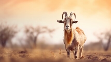 Adult goat with big horns isolated blurred background. AI generated image