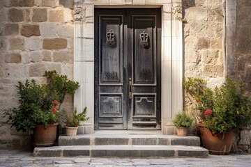 Fototapeta na wymiar Stately home entrance, gray metal door, stone walls. Athens, Greece. Generative AI