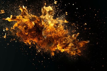 explosive gold particles on dark background. motion captured. Generative AI