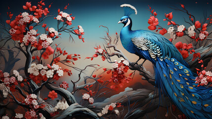 wallpaper with white peacock birds with trees plants and birds in a vintage style landscape blue background
