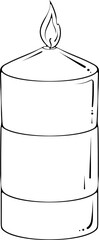 Burning pillar candle. Spa aromatherapy candle. Close up simple design element. Vector illustrations in hand drawn sketch style isolated on white. Black outline graphic for print, coloring book