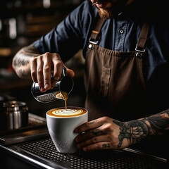 Fototapeta na wymiar Barista pouring milk in a cup of latte art coffee.