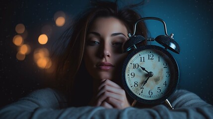 Insomnia at night concept, Selective focus at the time in alarm clock and the person covering her...
