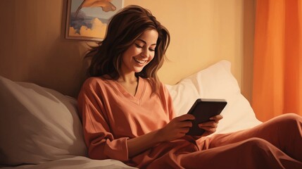 Smiling woman with laptop using mobile phone while lying on bed at home 