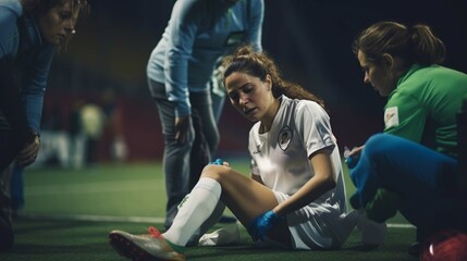 Soccer, sports and injury of a female player suffering with sore leg, foot or ankle on the field. Painful, hurt and discomfort woman getting her pain checked out by athletic trainer on the pitch. 