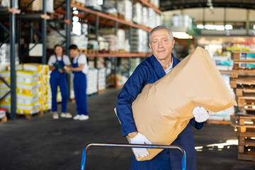 Elderly man puts bulky paper sack of dry construction mix on trolley. Movers shift, move, heavy...