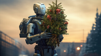 A cyborg mechanical robot carries a Christmas tree decorated with lights and ornaments. New Year's delivery