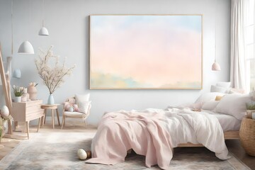A Canvas Frame for a mockup in an Easter bedroom, where soft hues of the morning sky outside enhance the pastel Easter decor, creating a serene ambiance