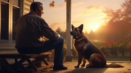 Lonely elderly man sits with his beloved dog on the porch of his house.