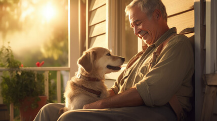 Happy elderly man sits with his beloved dog on the porch of his house. - obrazy, fototapety, plakaty