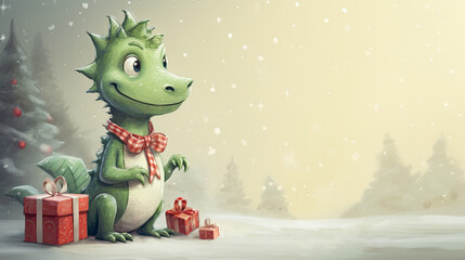 New Year banner with an illustrated cute green dragon with Christmas gift boxes. A snow-covered forest during a snowfall. Postcard with the image of the symbol of 2024 with copy space
