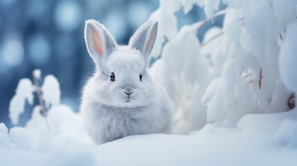 White rabbit is sitting on snow blurred background. AI generated image