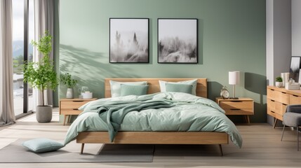 Scandinavian Style Bedroom with Pastel Green Bedding - Minimalist Interior Design for Tranquil and Elegant Relaxation Space